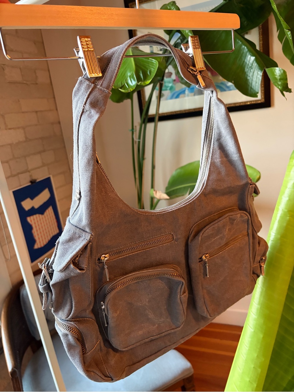 Grungy Multi-Pocket Shoulder Bag in Gray Canvas